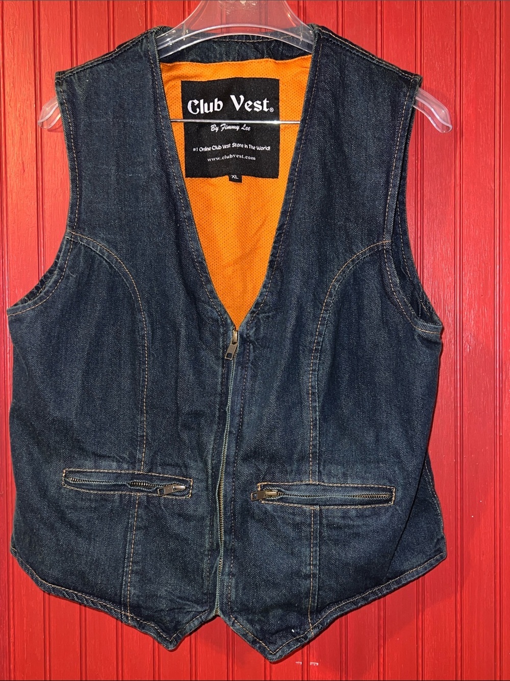 Club Vest by Jimmy Lee Denim Motorcycle Biker Moto Vest with Orange Lining XL